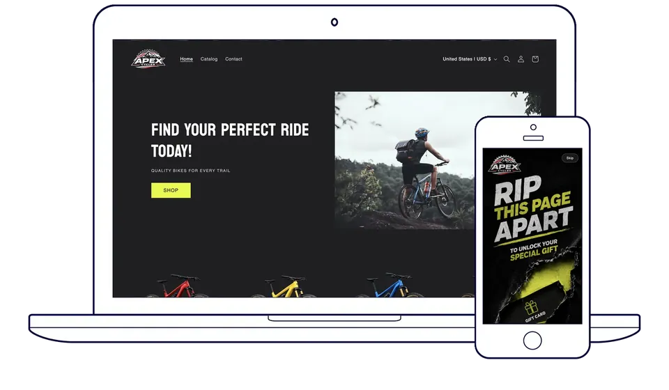 Apex Cycles on a laptop and phone: the dark storefront with the headline Find your perfect ride today, and the mobile page cover reading Rip this page apart