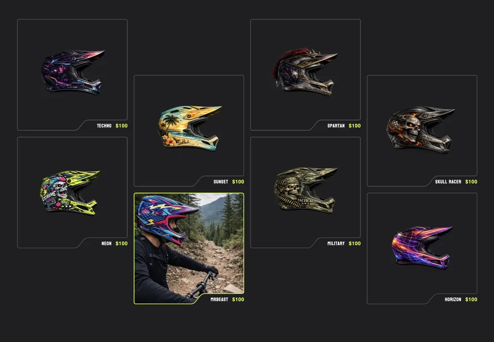 Product grid of bike helmets in dark cards with angled corners and lime prices; one card on hover shows a rider wearing the helmet