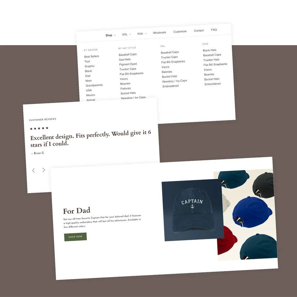 Store mega-menu grouping hats by design, style, XXL and kids sizes, with a customer review and a promotional banner