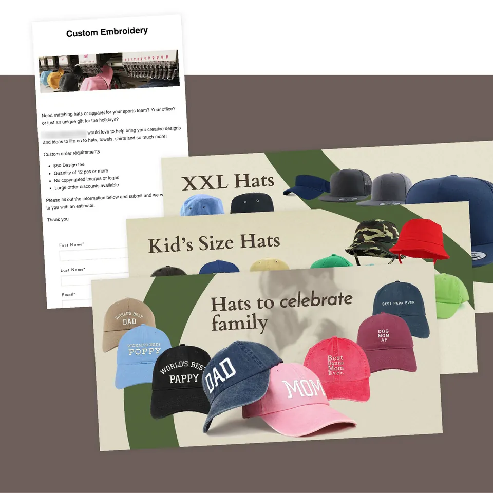 Custom embroidery order form, and category hero banners for XXL hats, kids' hats and family-themed hats