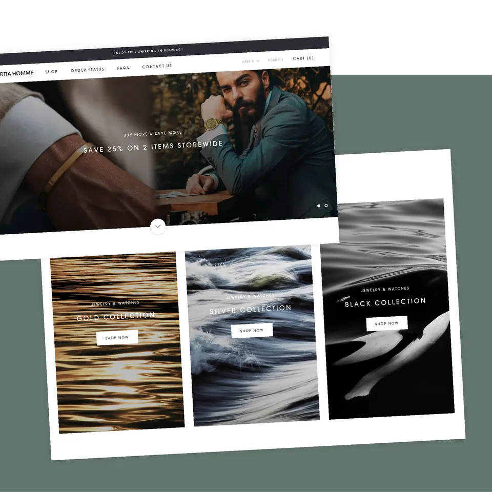 Fortia home page hero above gold, silver and black collection banners with nature imagery