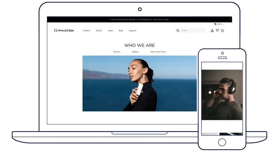 Phiaton's About page on a laptop, with a hero photo of a woman by the sea, and a phone showing a man wearing Phiaton headphones