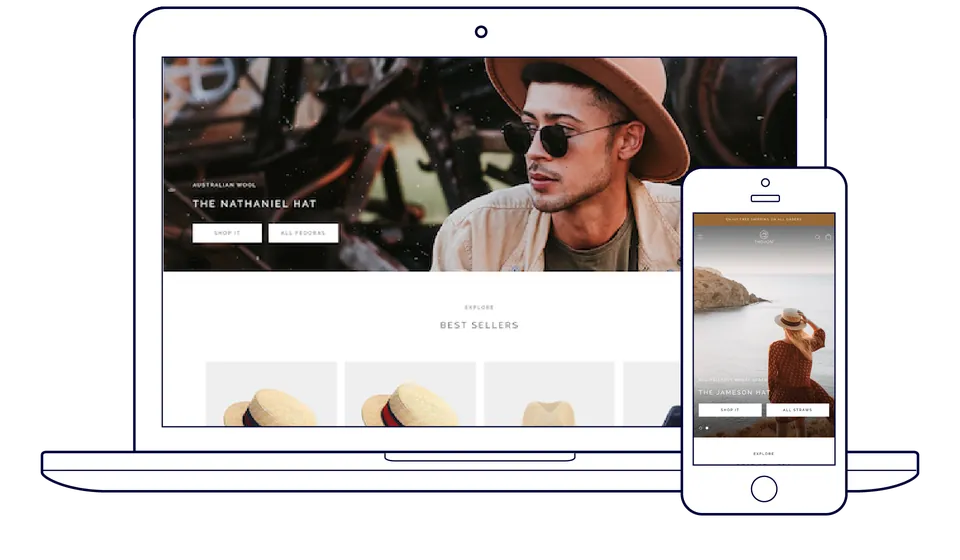 Thovon Headwear home page on a laptop and phone, with a hero photo of a man in a wide-brimmed hat