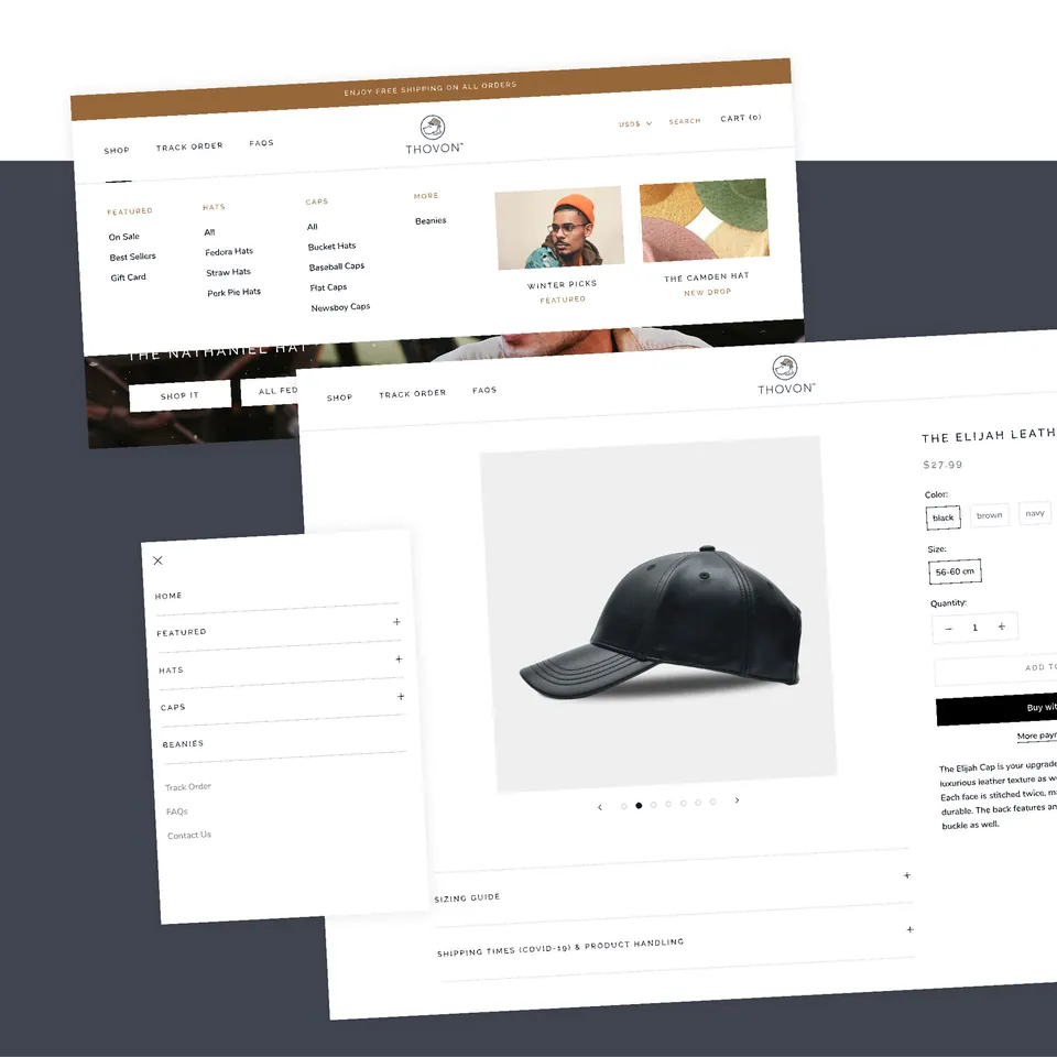 Thovon mega-menu with featured hats, and a product page for a black leather cap